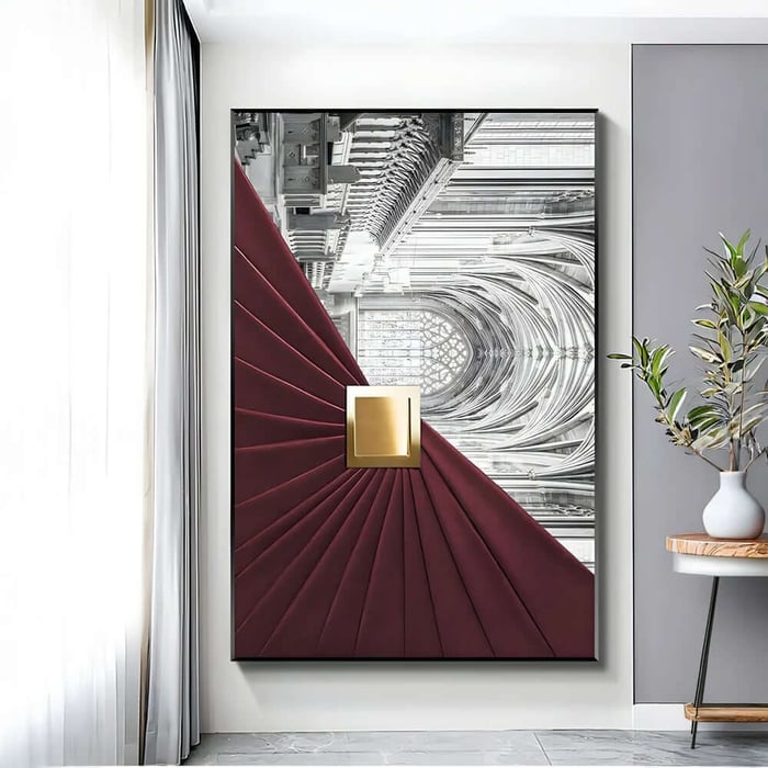 Framed architectural artwork with cathedral arches, burgundy fan folds and gold centre block.