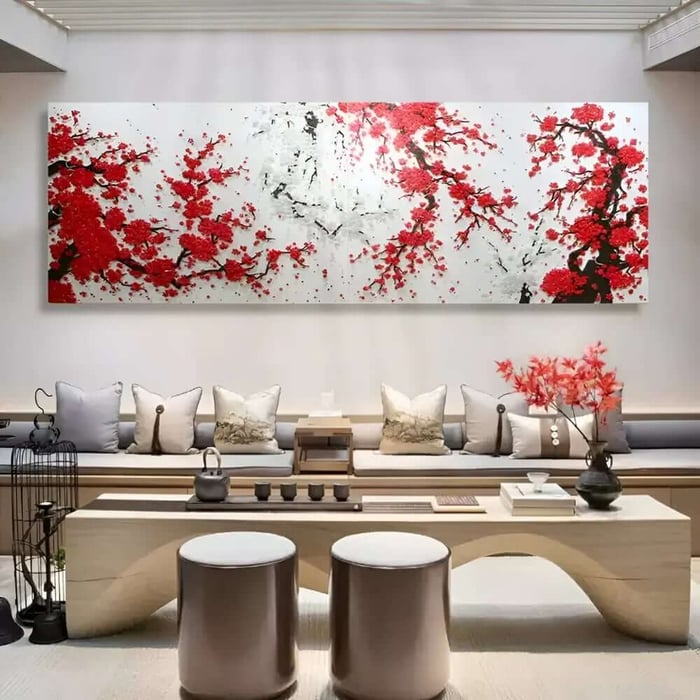 Large wall art featuring vibrant red cherry blossoms on dark branches against a light background, displayed above a minimalist modern living space.