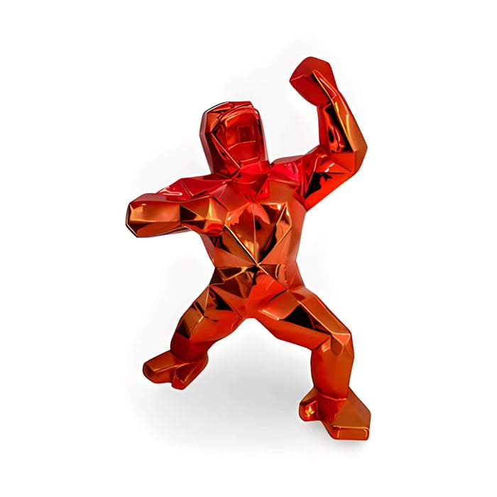 a red chrome gorilla sculpture