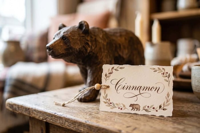 Named bear sculpture with decorative name card — bear naming guide
