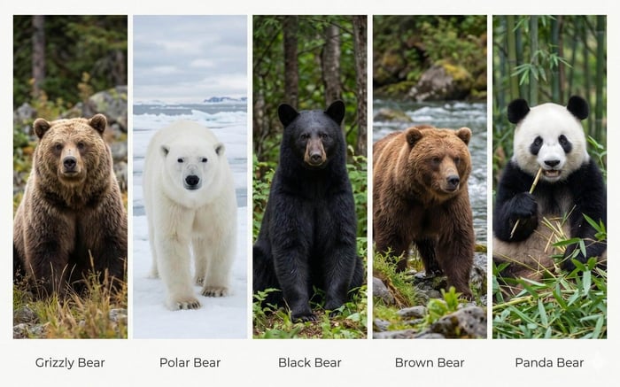 Bear names by species — grizzly, polar, black, brown and panda bear sculptures