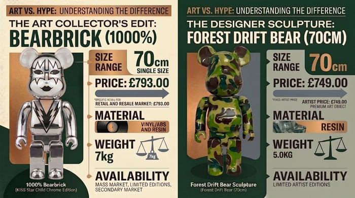Bearbrick vs designer bear sculpture comparison — size, price, material, and availability.