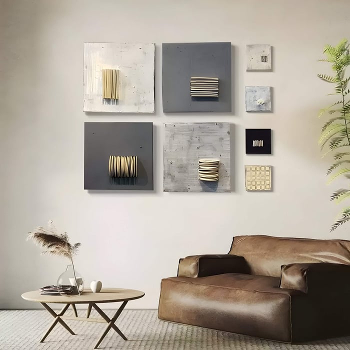 This sophisticated modern interior features a vertically elongated, tapered wall sculpture with a gradient transition from silver to black, adding minimalist drama and sculptural finesse.