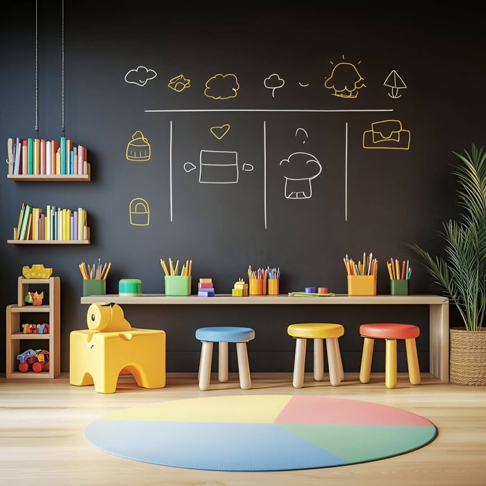 Colourful kindergarten classroom with blackboard wall drawings, rainbow stools, bookshelves, and playful decor designed for children’s learning and creativity.