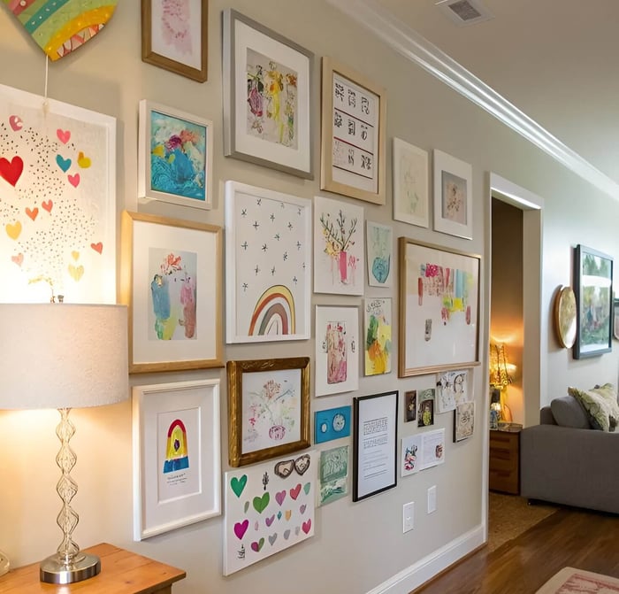 Gallery wall of children’s artwork in a living room, featuring framed colourful drawings, rainbows, and heart designs on a neutral painted wall.