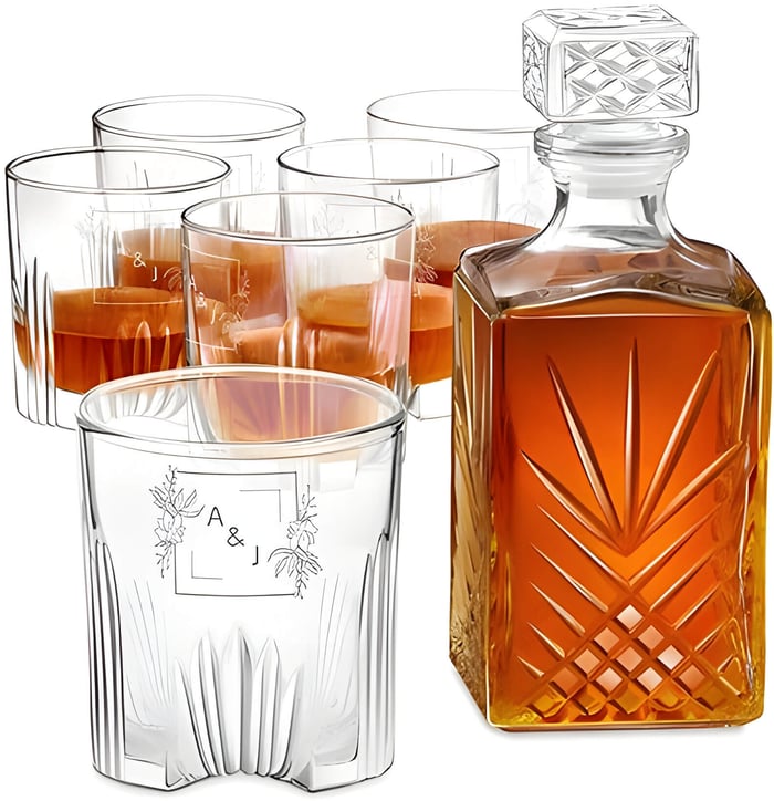 a glass whisky decanter with 6 glasses