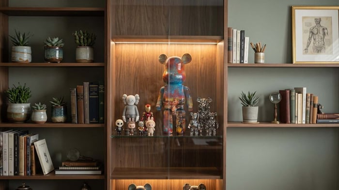 Collectible figurine display — curated shelf with designer art toys, resin sculptures and porcelain pieces