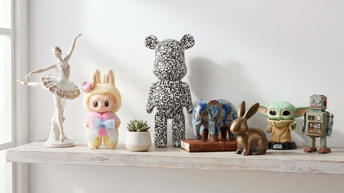 Collectible figurines — porcelain, vinyl designer toys, resin sculptures and pop culture collectibles on display