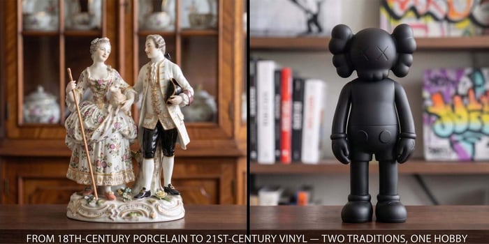 Classic porcelain figurine and modern designer vinyl art toy — the evolution of collectible figurines