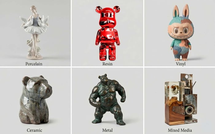 Types of collectible figurines — porcelain, resin, vinyl, ceramic, metal and mixed media examples side by side