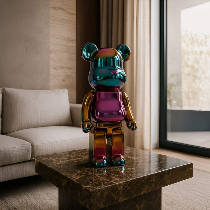 The Colour Shift Bear Sculpture - 50cm by Giant Sculptures, with its vibrant iridescent finish, adorns a marble coffee table in the modern living room, set against a stylish backdrop of a sofa and expansive window.