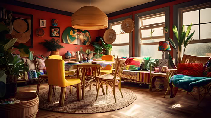a colourful maximalist interior of a home