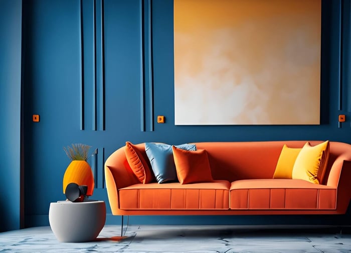 Modern living room with a bold complementary color scheme featuring an orange sofa against a blue paneled wall, accented by vibrant cushions and a minimalistic side table.