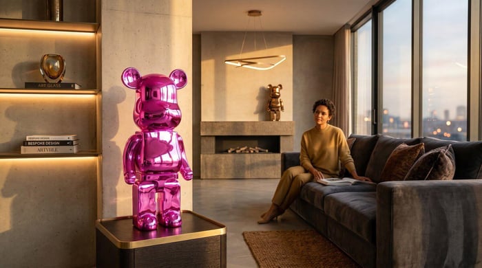 Contemporary designer bear sculpture in modern home — the teddy bear's continuing legacy.