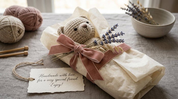 Presenting crochet gifts — beautiful wrapping and handwritten cards for handmade presents.