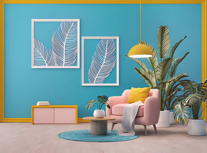 a bright blue living room with pale pink chair