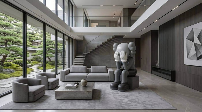 'Life-size designer bear sculpture in contemporary living room — Giant Sculptures statement piece. bearbrick vs giant sculptures guide.