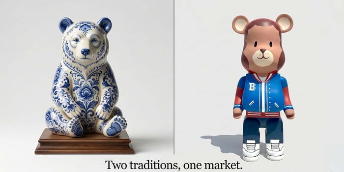 Traditional porcelain bear figurine and contemporary designer bear statue — two collecting traditions