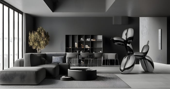 Modern living room featuring a metallic black balloon dog sculpture, a sleek grey sectional sofa, a dining area, and a minimalist design with floor-to-ceiling windows.