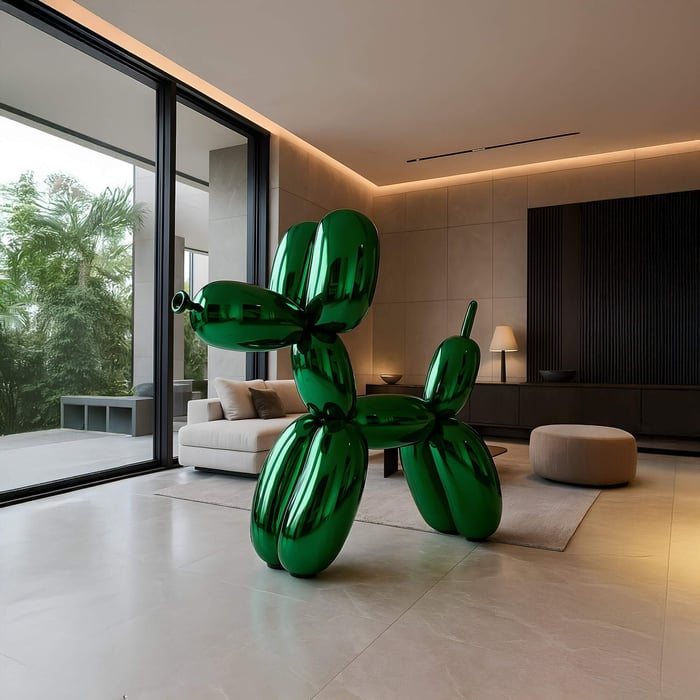 A modern living room showcases a Forrest Green Balloon Dog Sculpture - 100cm by Giant Sculptures as the focal point. Neutral-toned furniture, a chic floor lamp, and large windows with garden views complete the contemporary décor.