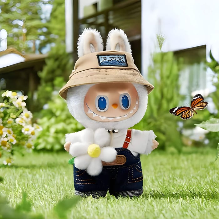 The Monster Wild Flower Labubu Sculpture - 100cm by Giant Sculptures features big blue eyes, bunny ears, a tan hat, denim overalls, and a daisy accessory, ideal for design-led interiors.