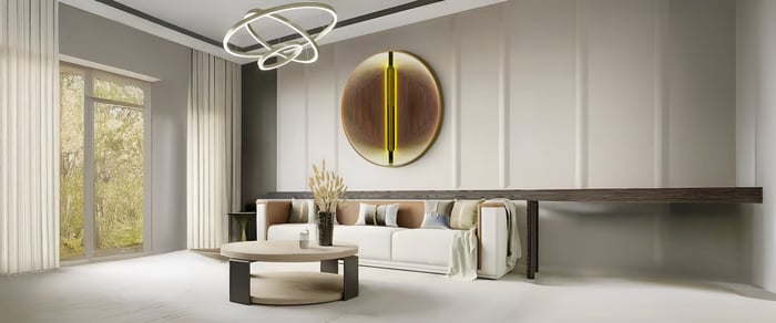 Luxurious modern living room with abstract gold circular wall art and elegant neutral furnishings.