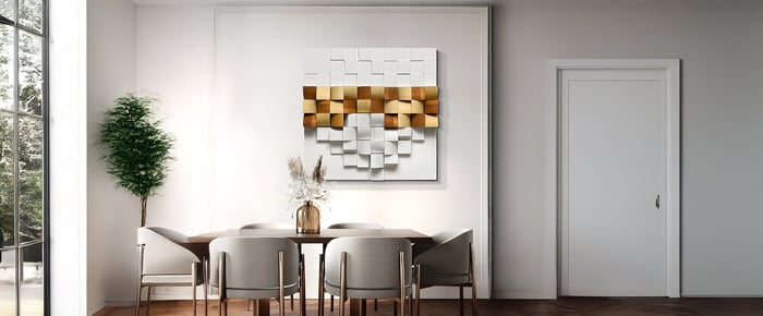 3D dining room art with gold and white blocks above a modern dining setup with neutral-toned chairs and soft lighting.