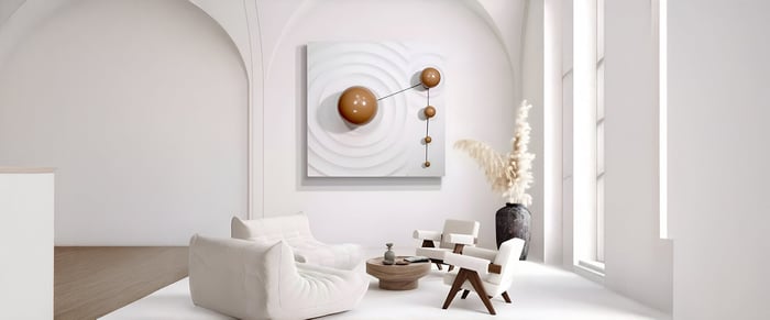 White & Gold Nordic Art Wall Display – Minimalist white living space featuring circular gold accents in nordic art style.