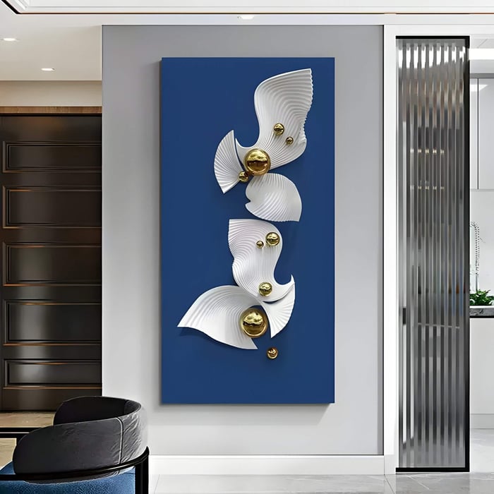 Against a sleek, contemporary backdrop, the Aurelia Blue & White 3D Wood Wall Art With Metal Ball by Giant Sculptures showcases abstract wave-like forms and gold spheres, creating a dynamic masterpiece of modern elegance on its rectangular blue background.