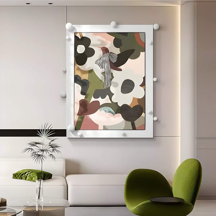 A modern living room features the Giant Sculptures Florere Vibrant Bloom Hand-Painted Sandstone 3D Wall Art with earthy tones. Below, a white couch with green pillows complements a unique hand-painted chair and a small glass table with a delicate plant enhancing the botanical theme.