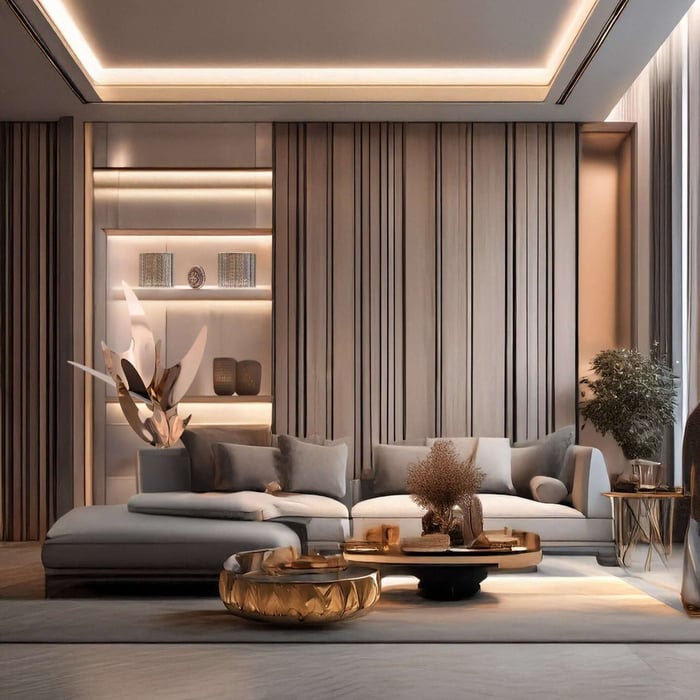Elegant abstract flower-like sculpture in a cozy, warm-toned living room.