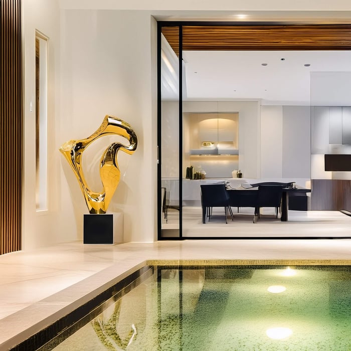 In a modern interior with a sleek poolside view, a 90cm Flow Gold Organic Steel Sculpture by Giant Sculptures shines on a black pedestal. Large glass doors reveal a dining area set with contemporary decor, where warm lighting enhances the elegant ambiance of these spaces.
