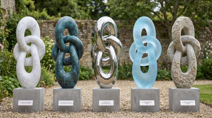 Garden sculpture materials comparison — marble, bronze, stainless steel, resin, stone.