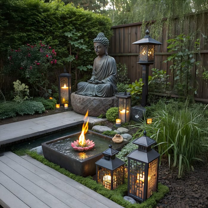 A tranquil garden scene featuring a large Buddha sculpture surrounded by lush greenery, lanterns, and a lotus fire bowl, creating a peaceful outdoor meditation space.