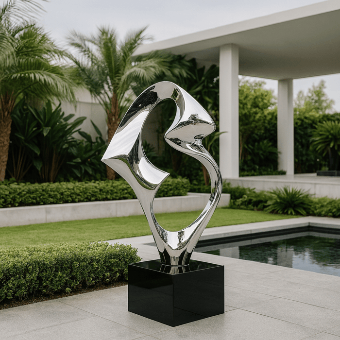 Flow III Silver Organic Steel Sculpture – Modern abstract outdoor garden art in polished stainless steel with fluid organic curves on a black base.
