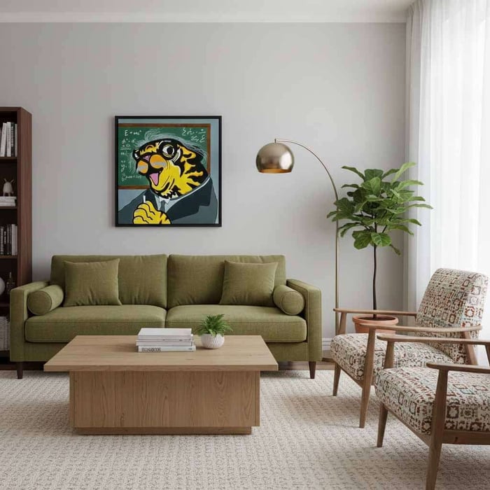 Minimalist living room with an olive-green sofa and light wood coffee table, topped by a framed cartoon tiger “teacher” artwork on a pale gray wall.