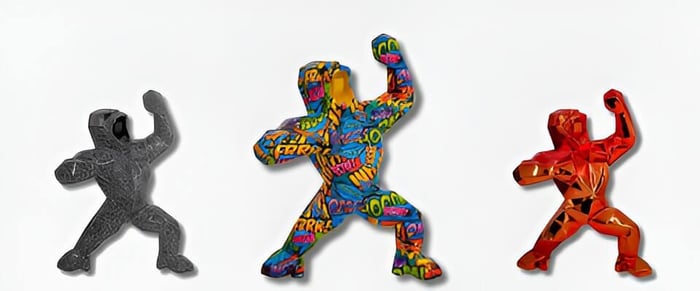 3 luxury gorilla sculptures suitable for modern, luxury homes in various colours