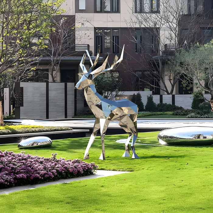Animal Sculptures displayed on a lush lawn in a backyard garden with reflective surfaces.
