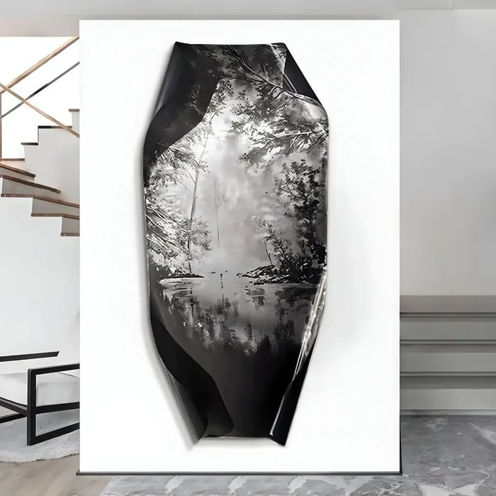 A large rectangular wall art piece with a reflective, metallic gold and silver abstract design, framed in black and displayed in a sleek, contemporary space with dark paneling and subtle lighting.