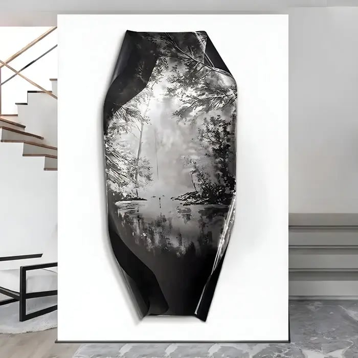 A modern hallway with a striking black and white nature-themed wall art piece, featuring a unique folded-edge design for added depth.