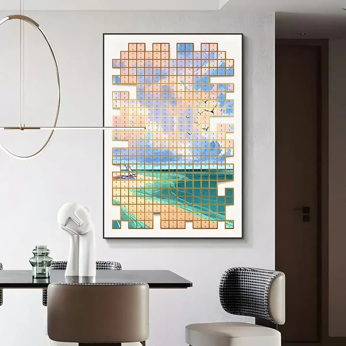 A dining area featuring a geometric mosaic-style wall art piece depicting a serene coastal scene, blending modern and artistic aesthetics.