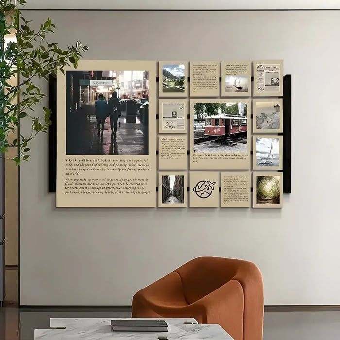 A gallery wall featuring framed photographs and text, creating a visually dynamic display in a modern living room with an orange accent chair and greenery.