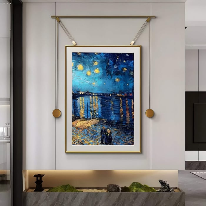A luminous wall-mounted canvas depicting a romantic couple under a star-filled night sky, with golden reflections glistening on the water — reminiscent of Van Gogh’s style.