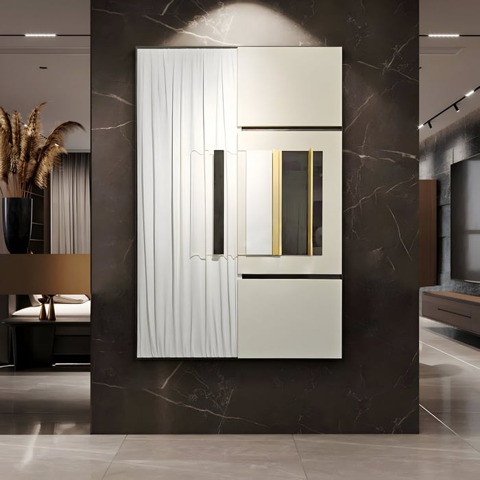 Luxury hallway wall art with crisp white and gold abstract panels set against a dark marble background.