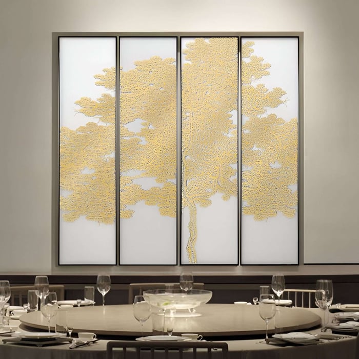 Golden Silk Art wall decor with a nature-inspired design, perfect for office lobbies, dining halls or upscale homes.