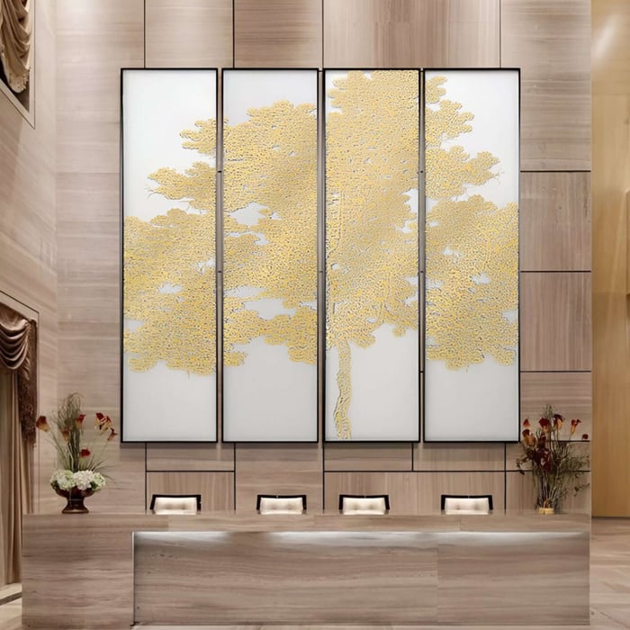 Elegant reception area featuring four-panel golden tree artwork.