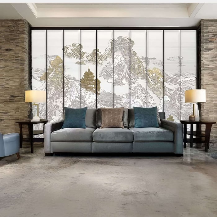 Elegant living room showcasing traditional Asian-style mountain scenery wall art.