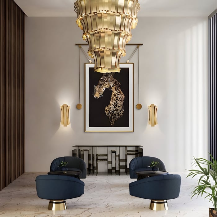 Elegant sitting area with gold chandelier and leopard wall retro art, framed by matching gold sconces.