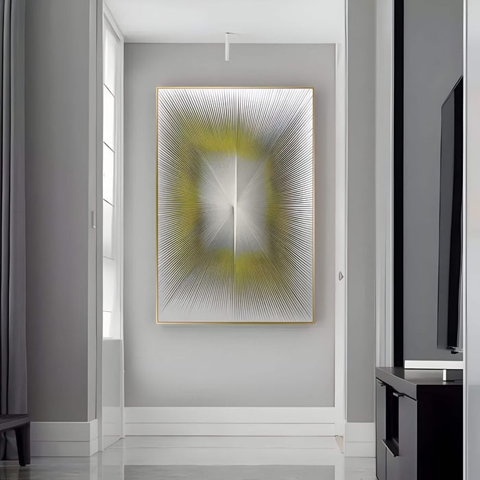 Large vertical 3D wall art with a radiating burst pattern in white and yellow leather, creating an optical illusion effect, displayed in a modern hallway with grey walls and clean lines.