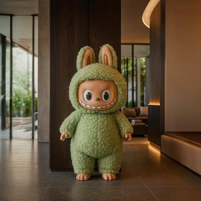Large 160cm Labubu sculpture in meadow green fluffy costume with bunny ears, displayed in a modern luxury interior with wood and glass accents.